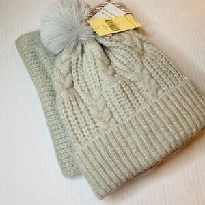 Collection 18 Grey Scarf and Beanie Set NEW With Tags Pom Pom Faux Fur